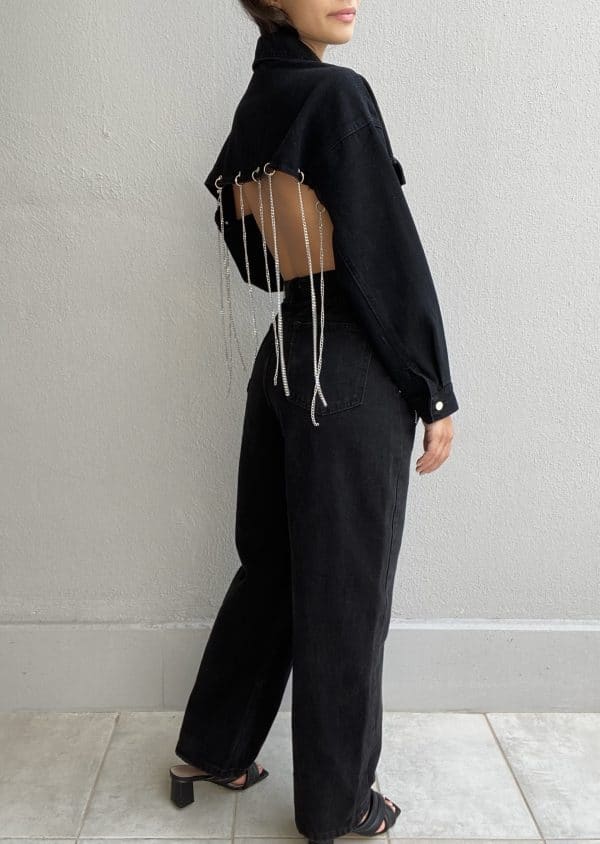 Giacca Jeans Super Crop con Catene - Nero - Image 2