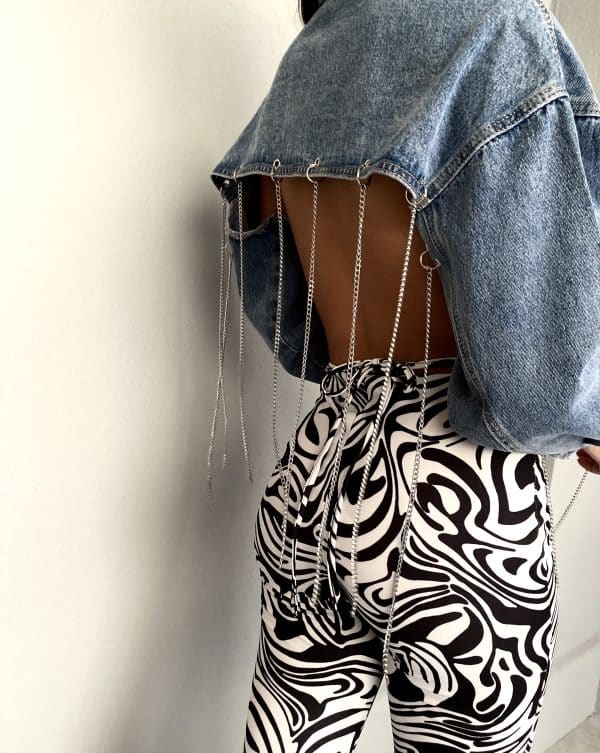 Giacca Jeans Super Crop con Catene - Nero - Image 10