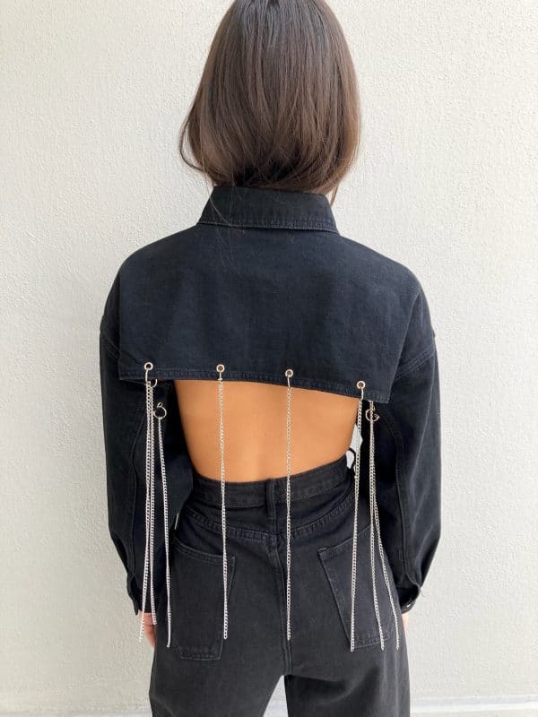 Giacca Jeans Super Crop con Catene - Nero - Image 3