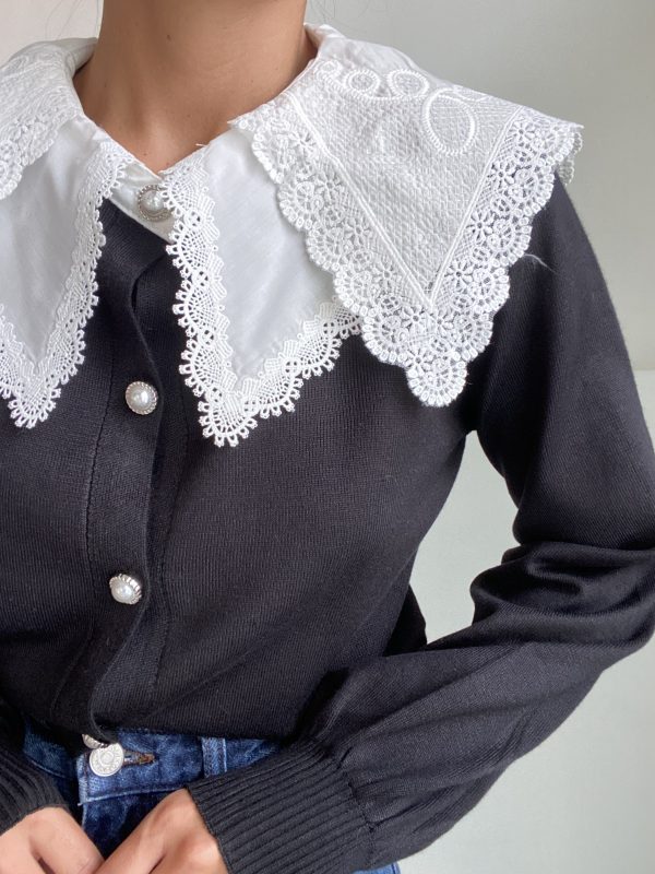 Cardigan Colletto in Pizzo Bottoni Gioiello- Nero - Image 5