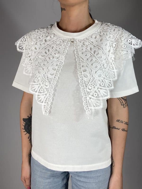 T-Shirt con Maxi Colletto in Pizzo - Bianco - Image 5