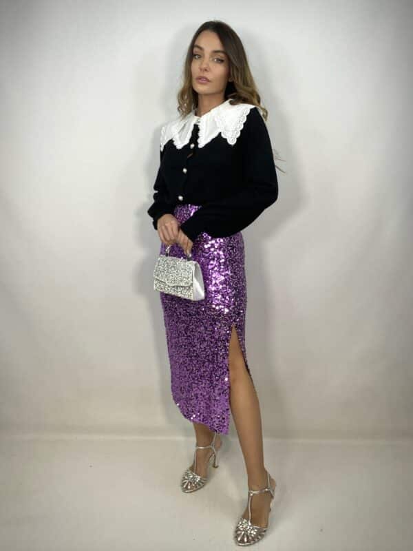 Cardigan Colletto in Pizzo Bottoni Gioiello- Nero - Image 4