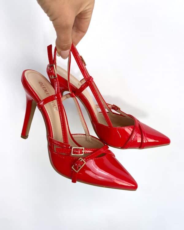 Slingback Fibbiette Tacco Alto - Rosso