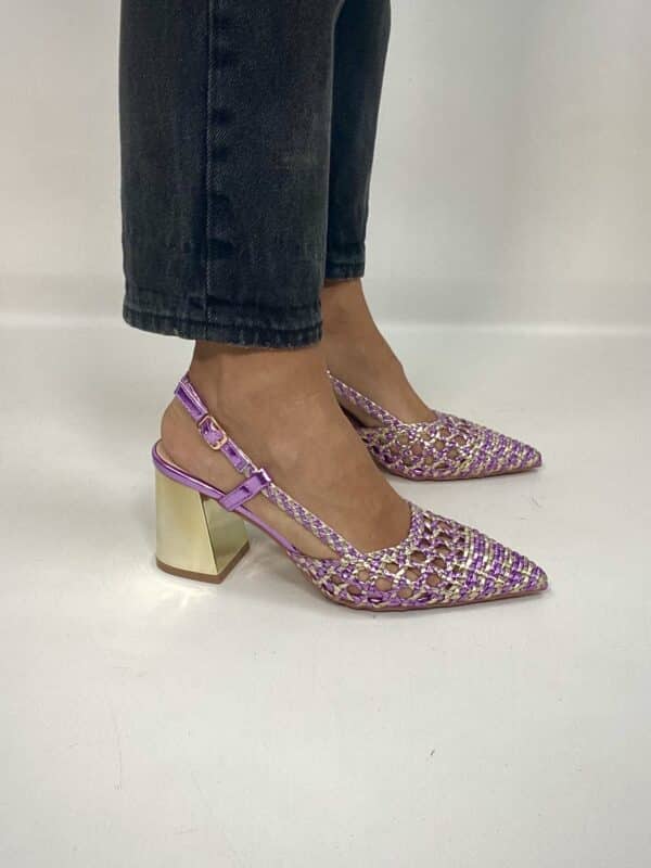 New Slingback Rafia Comfort Heels 2.0 - Bicolor Lilla / Oro - Image 3