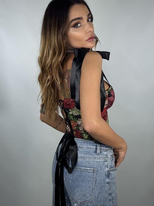 Corsetto Rose Retrò con Lacci - Nero - Image 3
